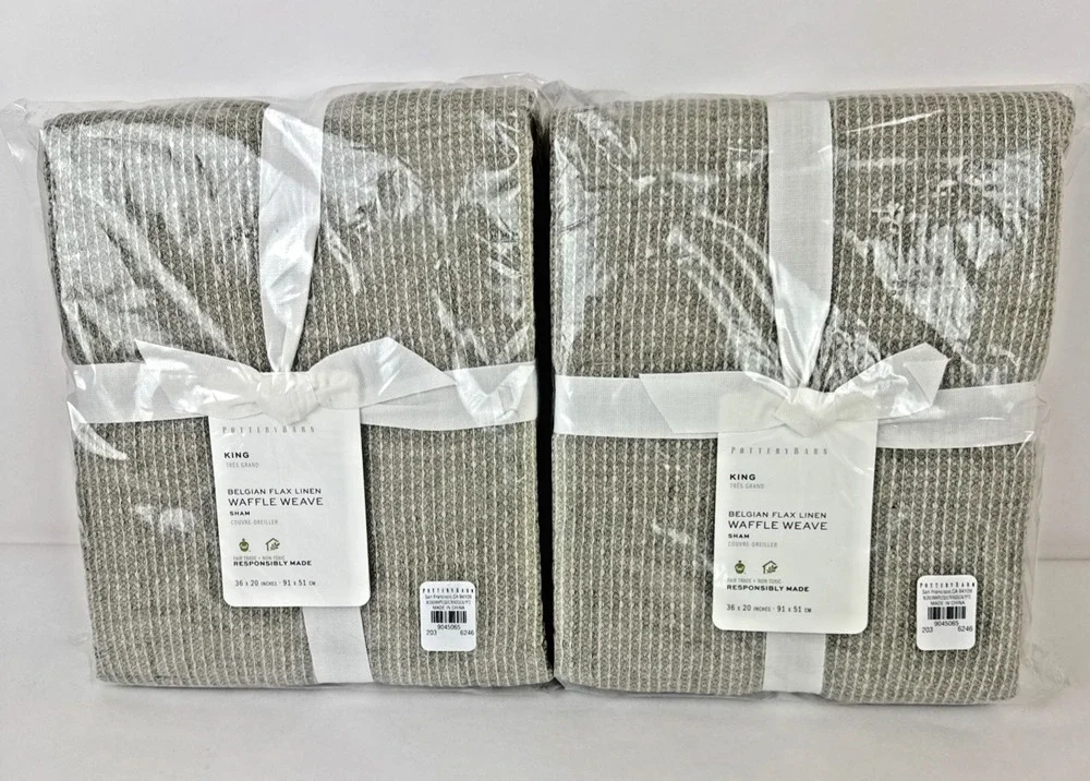 2 Pottery Barn Belgian Flax Waffle Weave King Shams Eucalypts